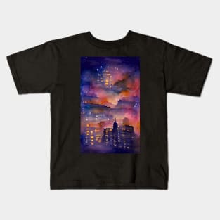 Moonlit Night in the City Watercolor Dream Art Kids T-Shirt